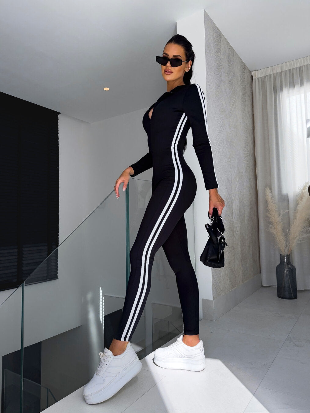 Dames Jumpsuit Aansluitend Sportief Met Rits en Gedurfde Strepen-2