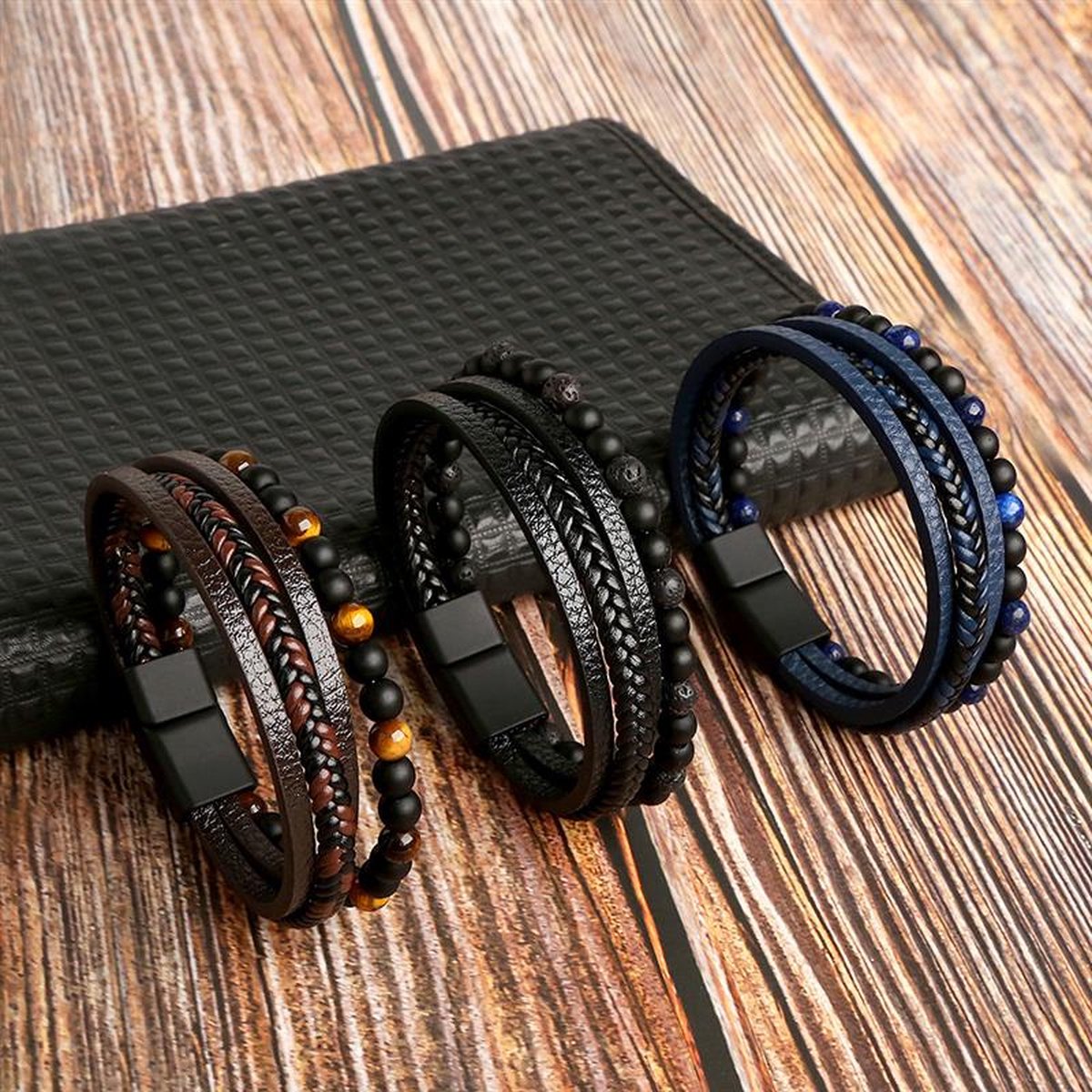 Heren Armband Set Gevlochten Kunstleer en Parel voor Stijlvolle Looks 4