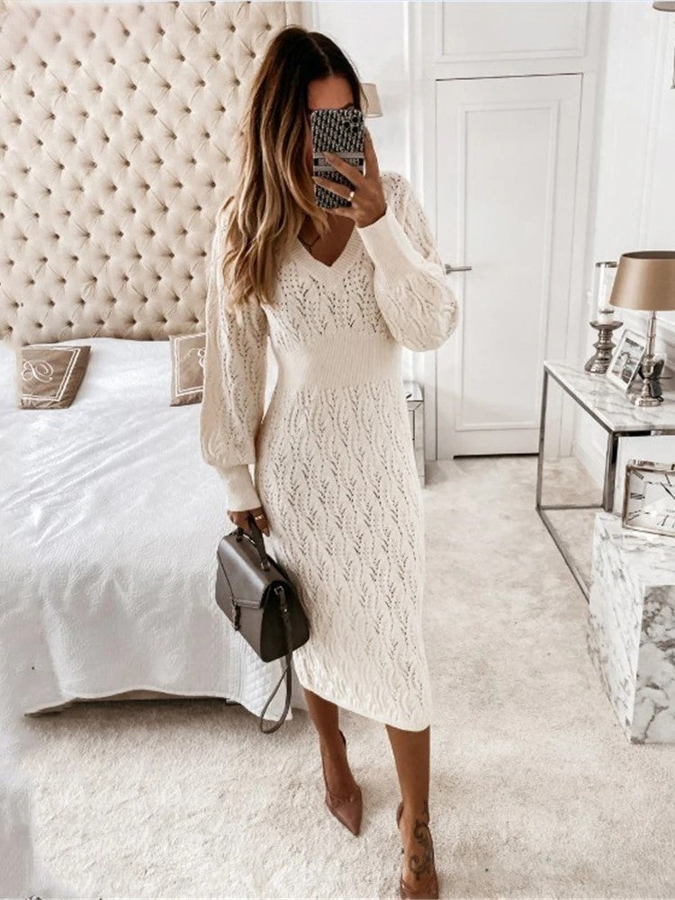 Dames Midi Jurk V-Hals Katoenblend Knie-Lengte Lange Mouwen-1