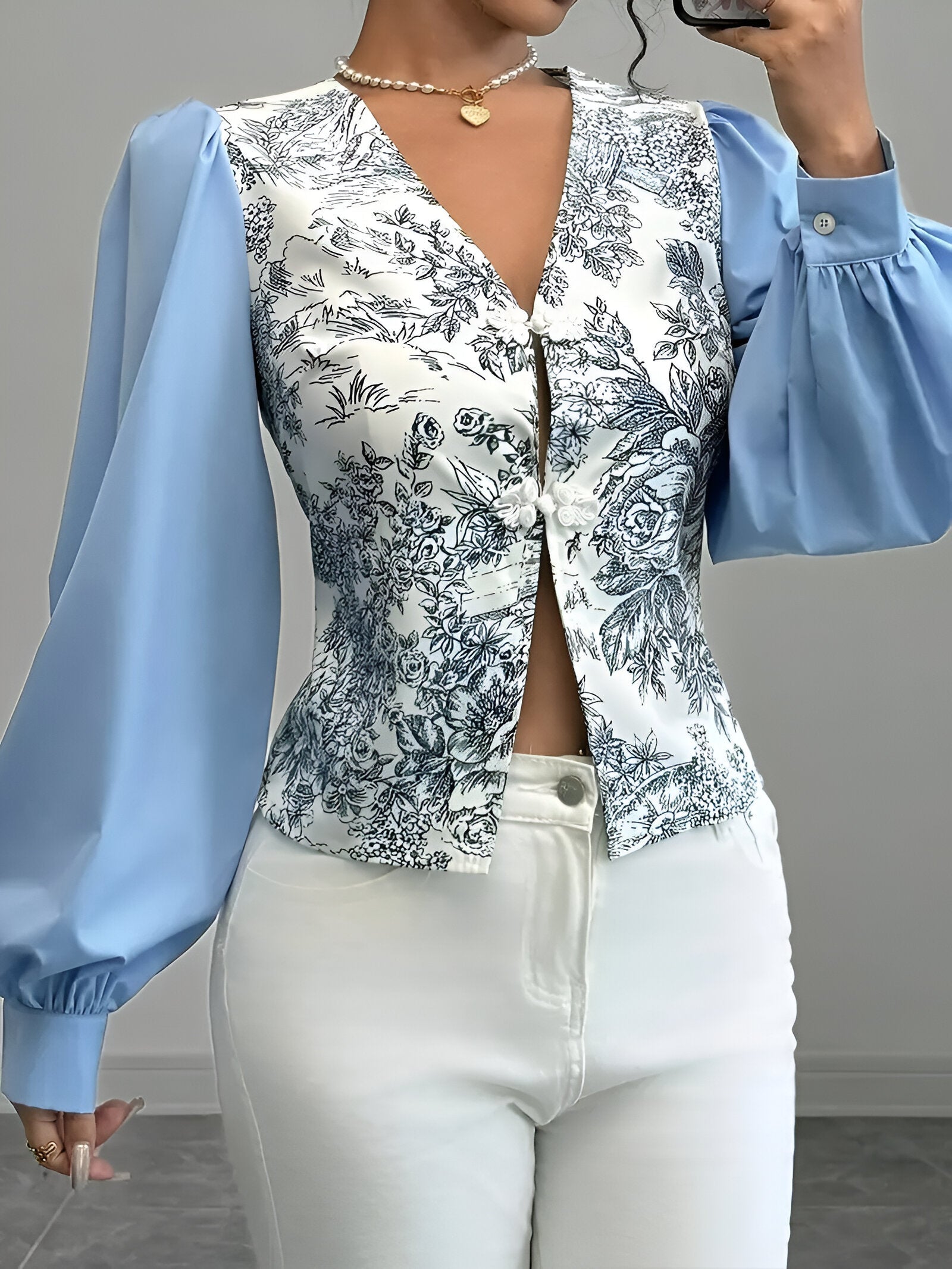 Dames Blouse V-hals Lantaarnmouwen Bloemendruk Katoen-2