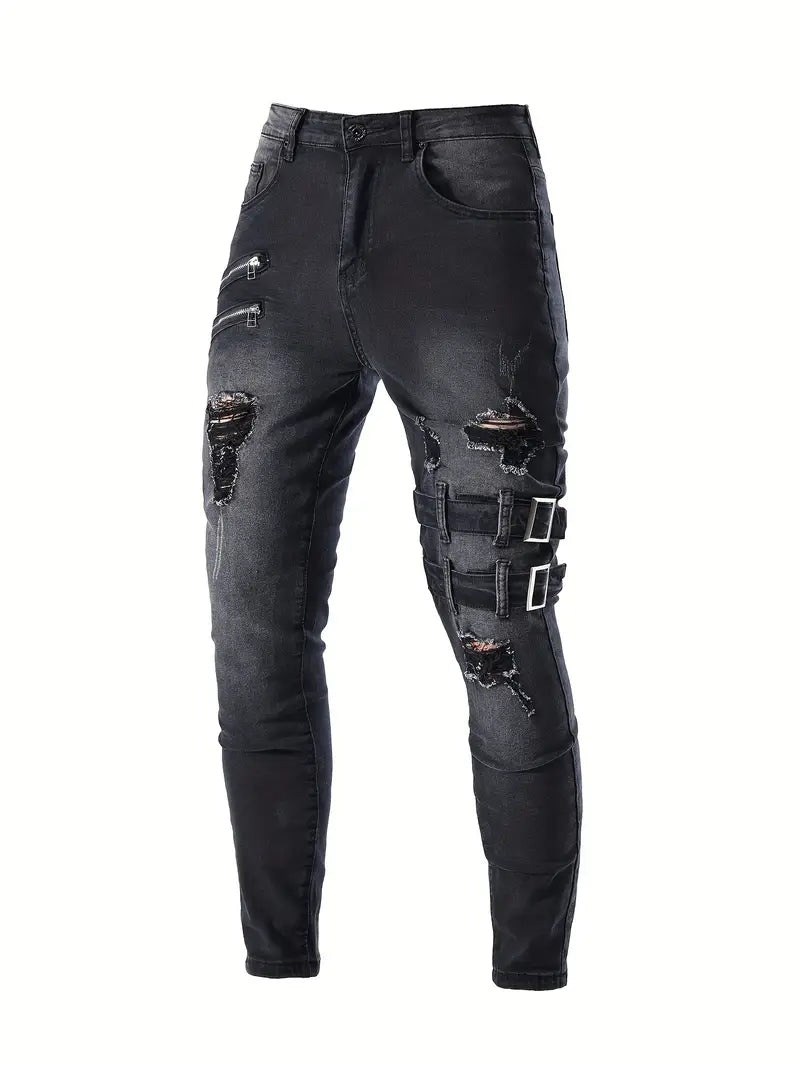 Heren Biker Jeans Casual Denim met Gewatteerde Inserts en Ritsdetails-4