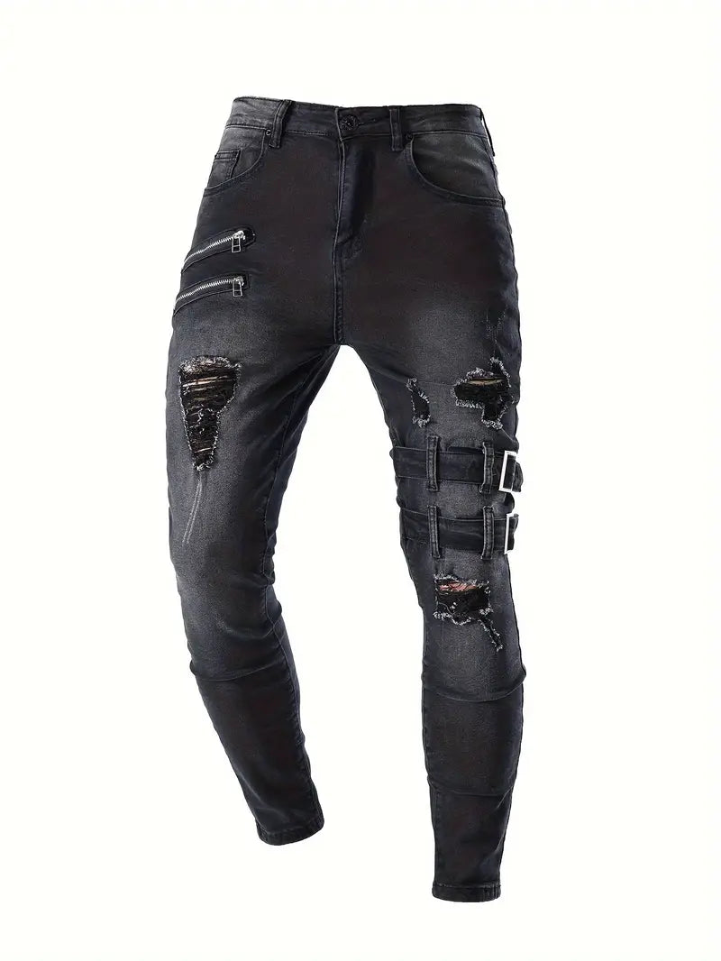 Heren Biker Jeans Casual Denim met Gewatteerde Inserts en Ritsdetails-3