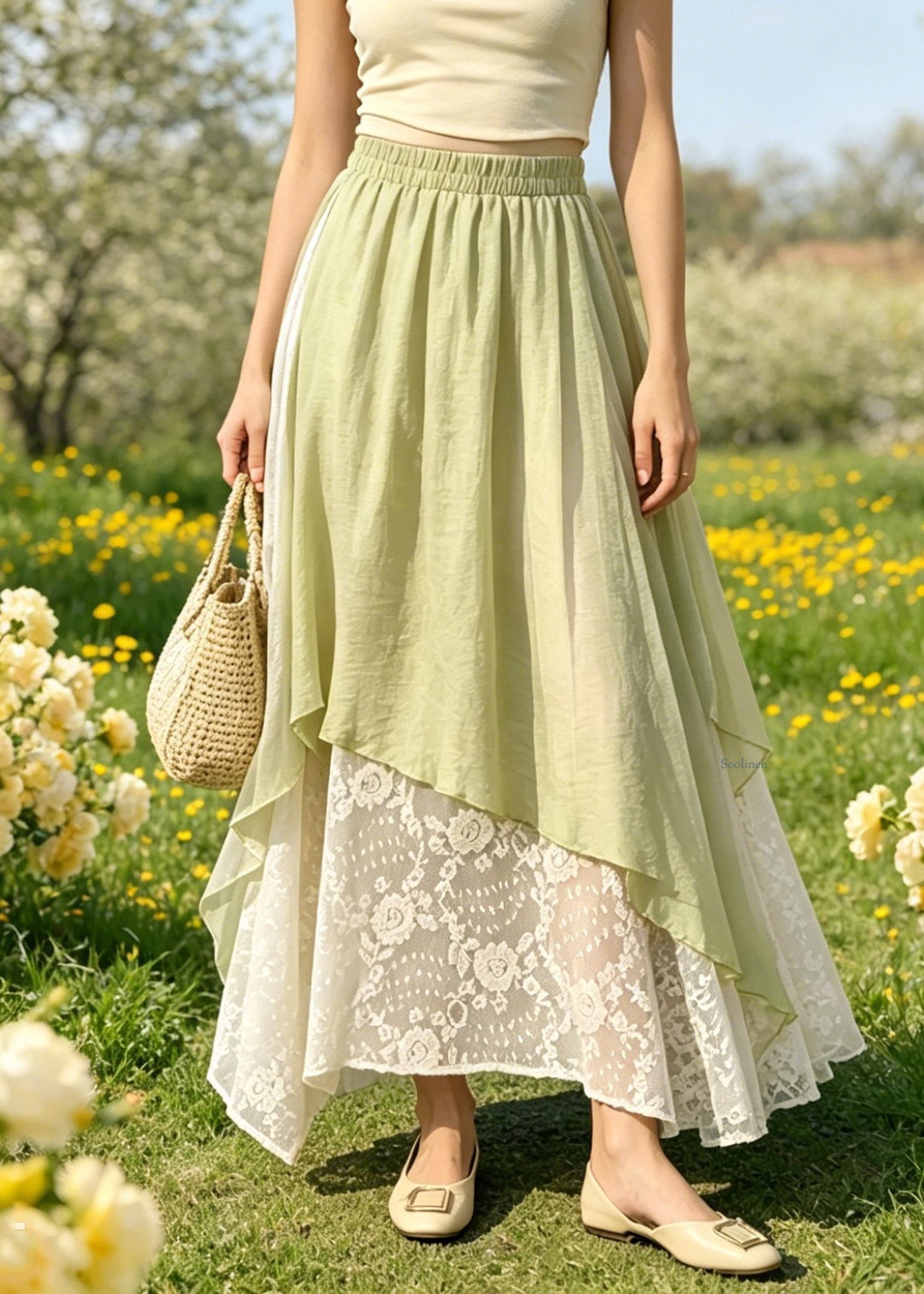 Dames A-lijn Rok met Kant en Elastische Taille 2