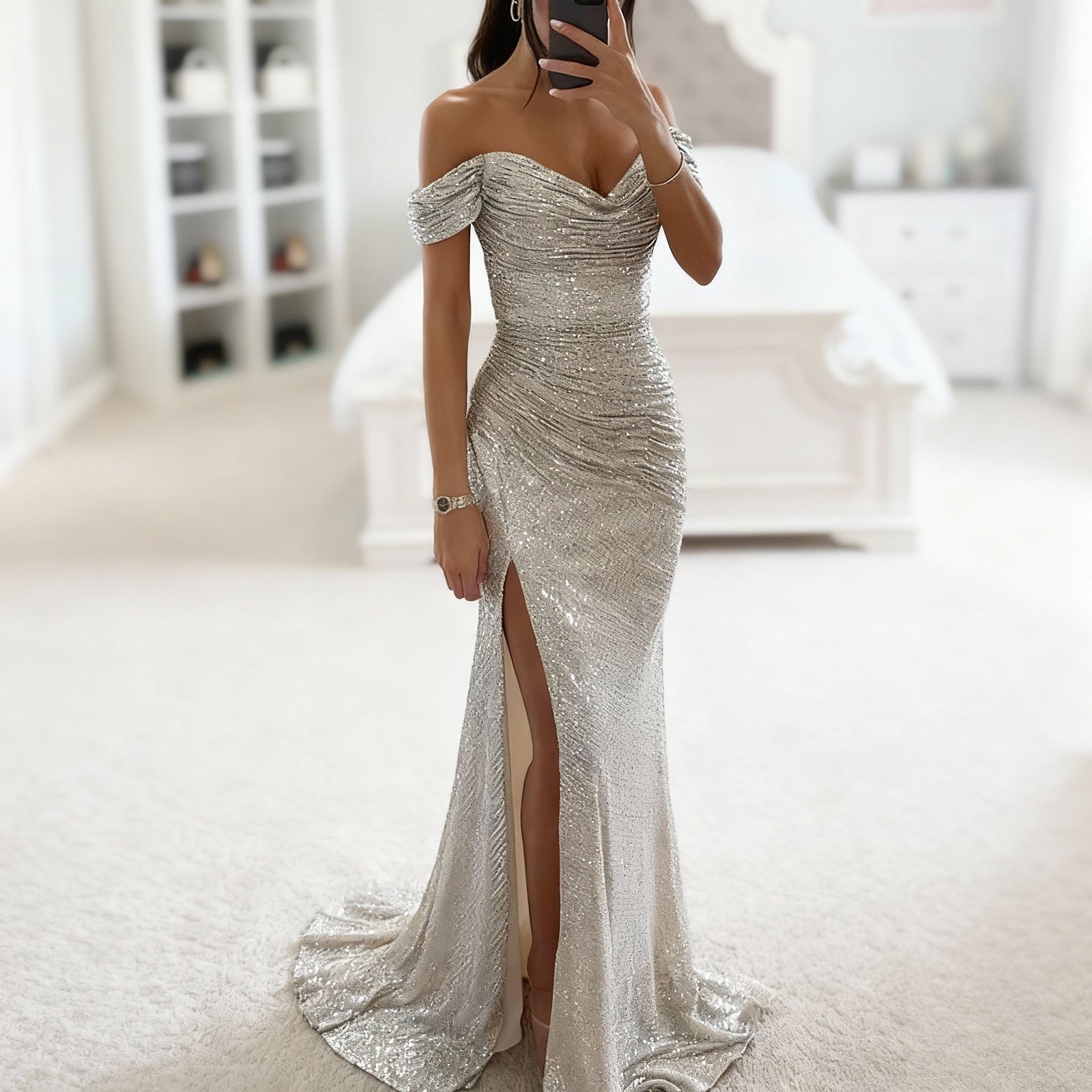 Dames Avondjurk Off-Shoulder Met Split 3