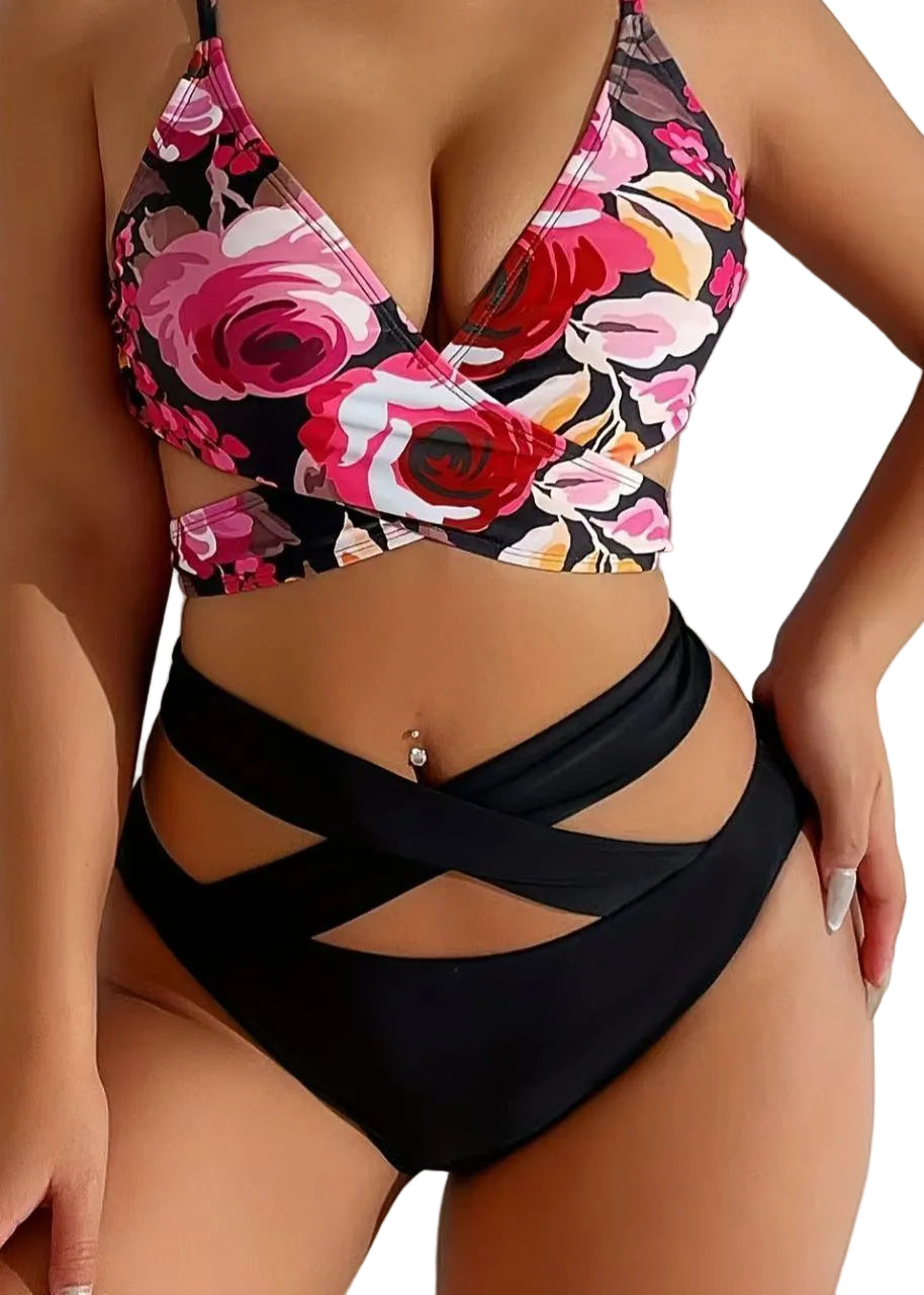 Dames Badmode Set Gekruiste Bandjes Boho Zwart 1