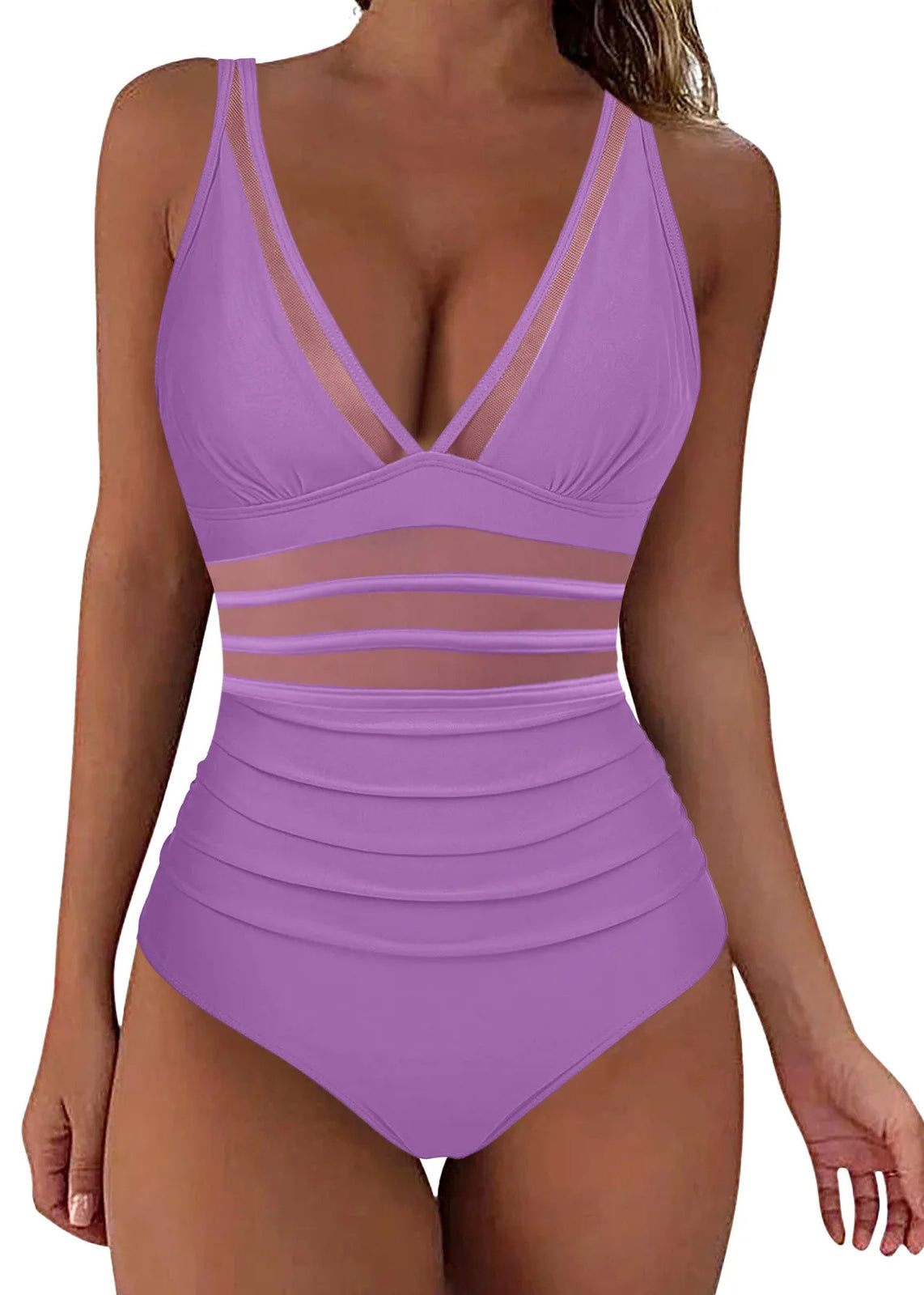 Dames Badpak Boho Stijl V-hals Met Patchwork Mesh 3