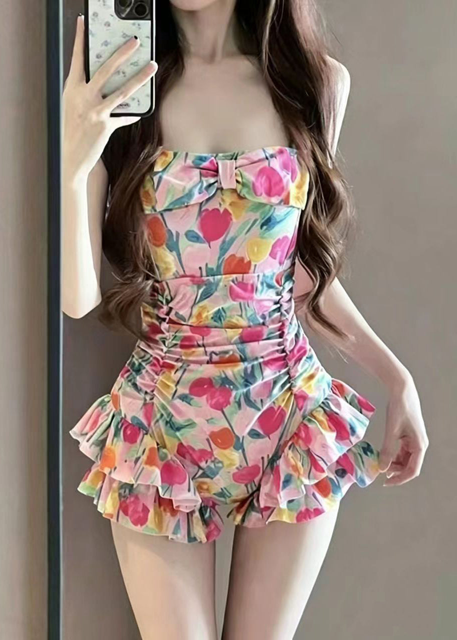 Dames Badpak met Ruches en Roze Print 1