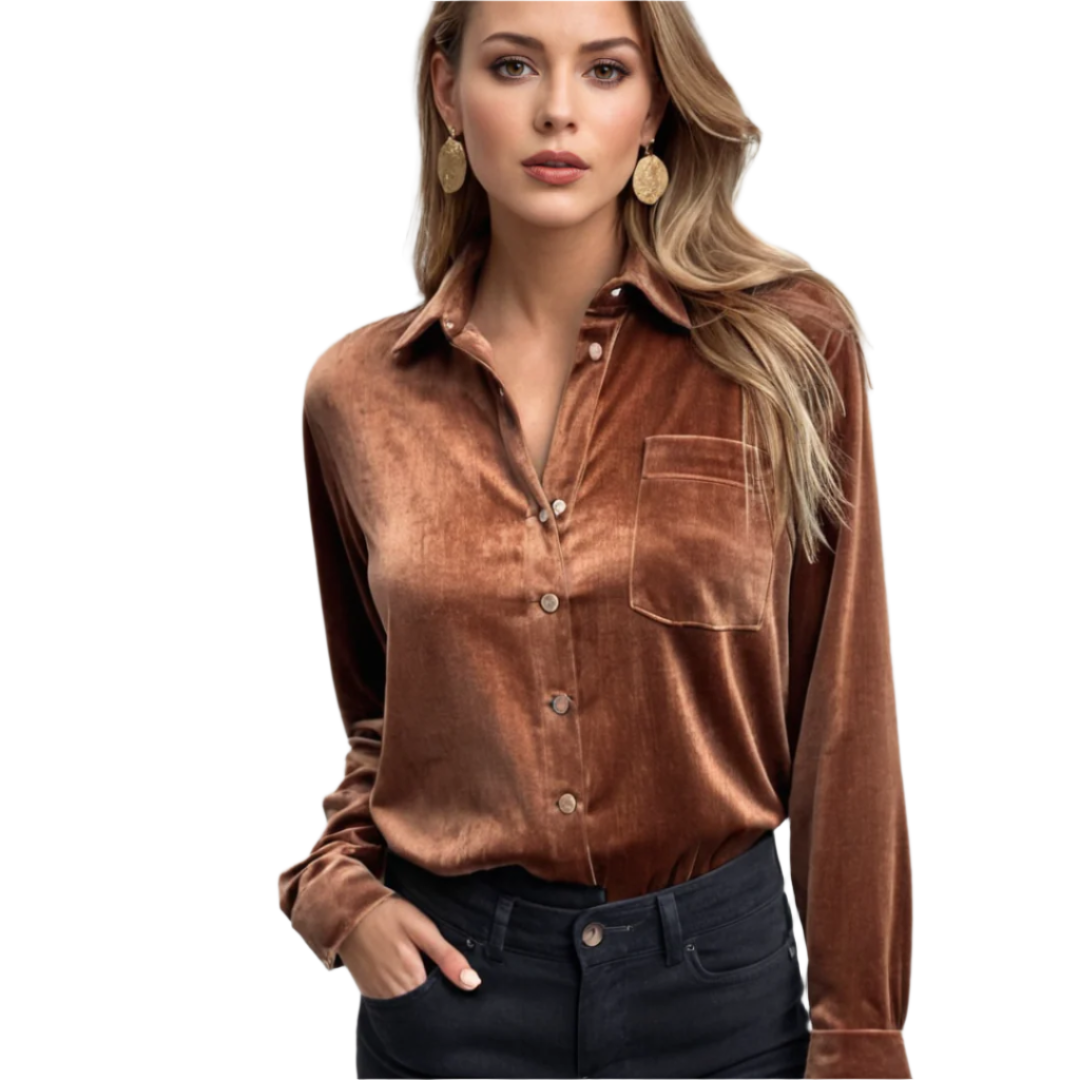 Dames Blouse Fluweel Relaxed Pasvorm Luxe Knoopsluiting 0
