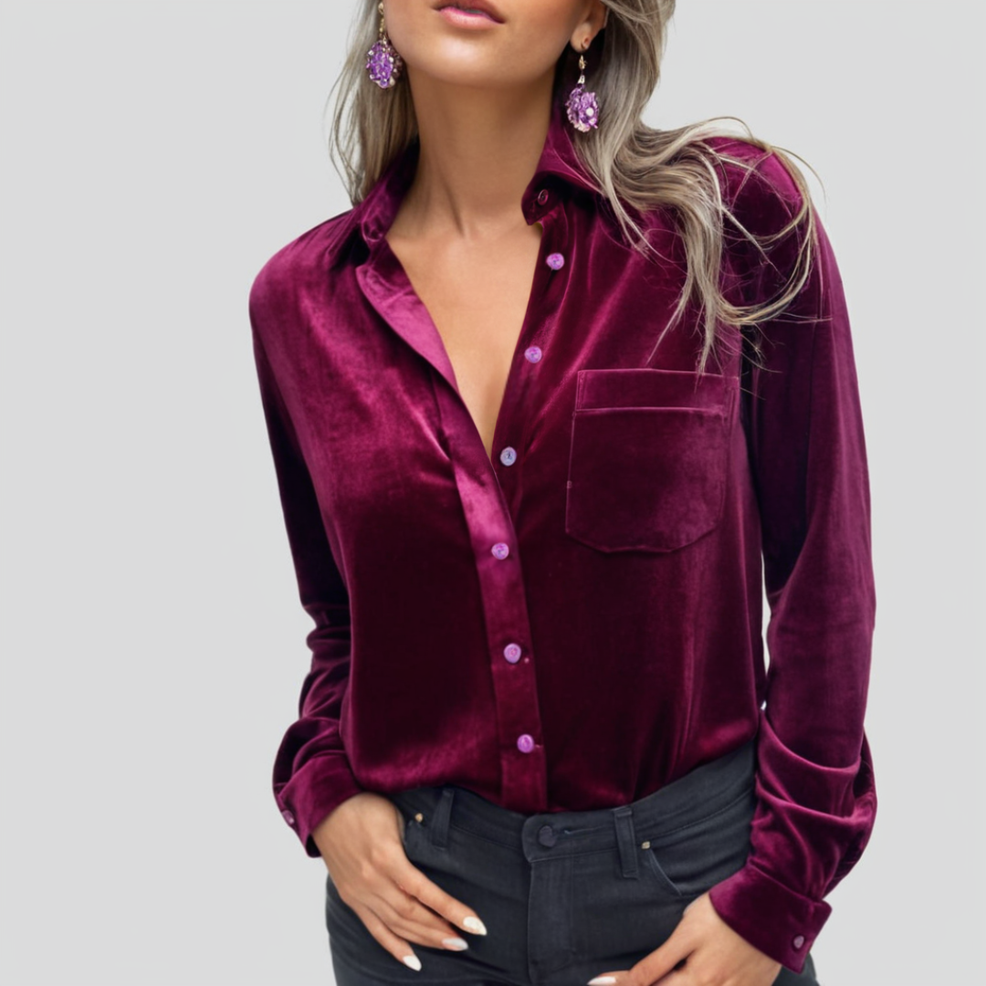 Dames Blouse Fluweel Relaxed Pasvorm Luxe Knoopsluiting 2