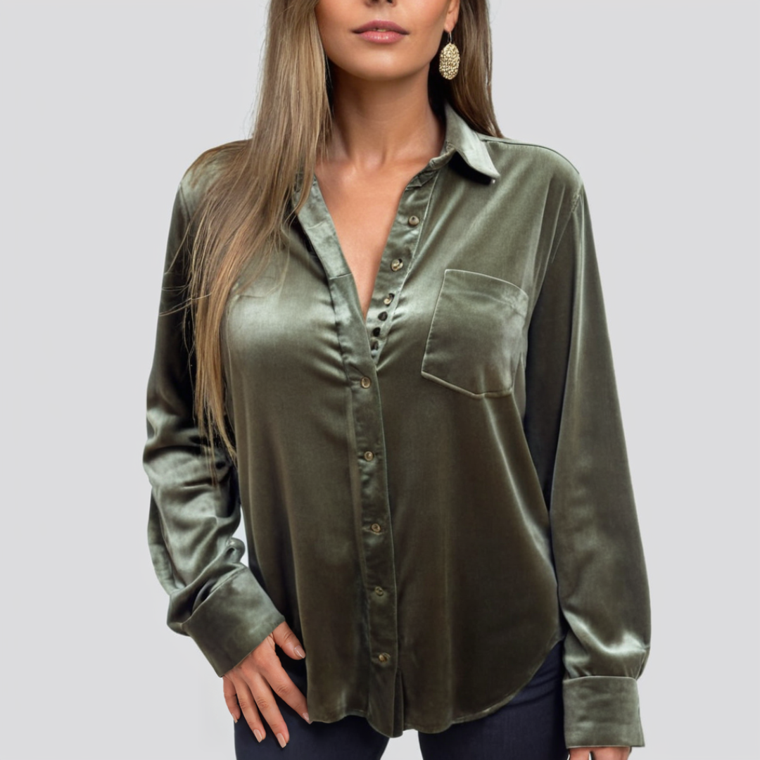 Dames Blouse Fluweel Relaxed Pasvorm Luxe Knoopsluiting 3