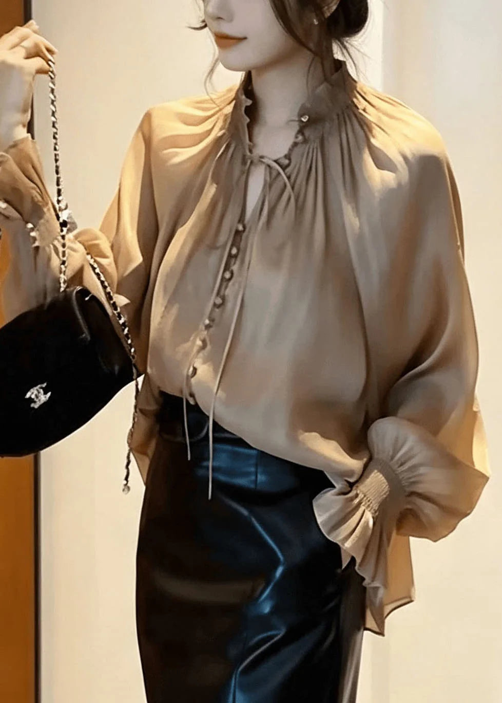 Dames Blouse Korte Mouw Met Opstaande Kraag En Lantaarnmouwen 2