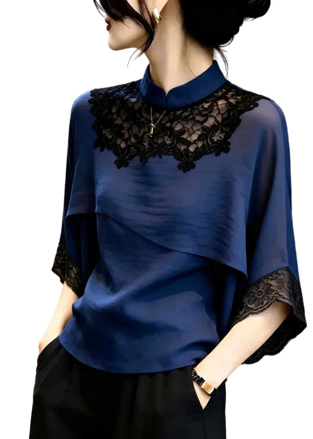 Dames Blouse Marine Stijlvol Patchwork Kant 0
