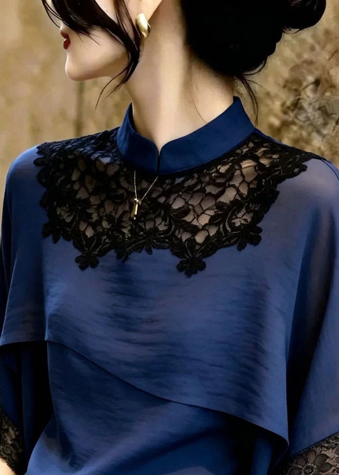 Dames Blouse Marine Stijlvol Patchwork Kant 1