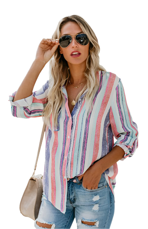 Dames Blouse Met Turn-Down Kraag Gestreept Polyester Mix 0