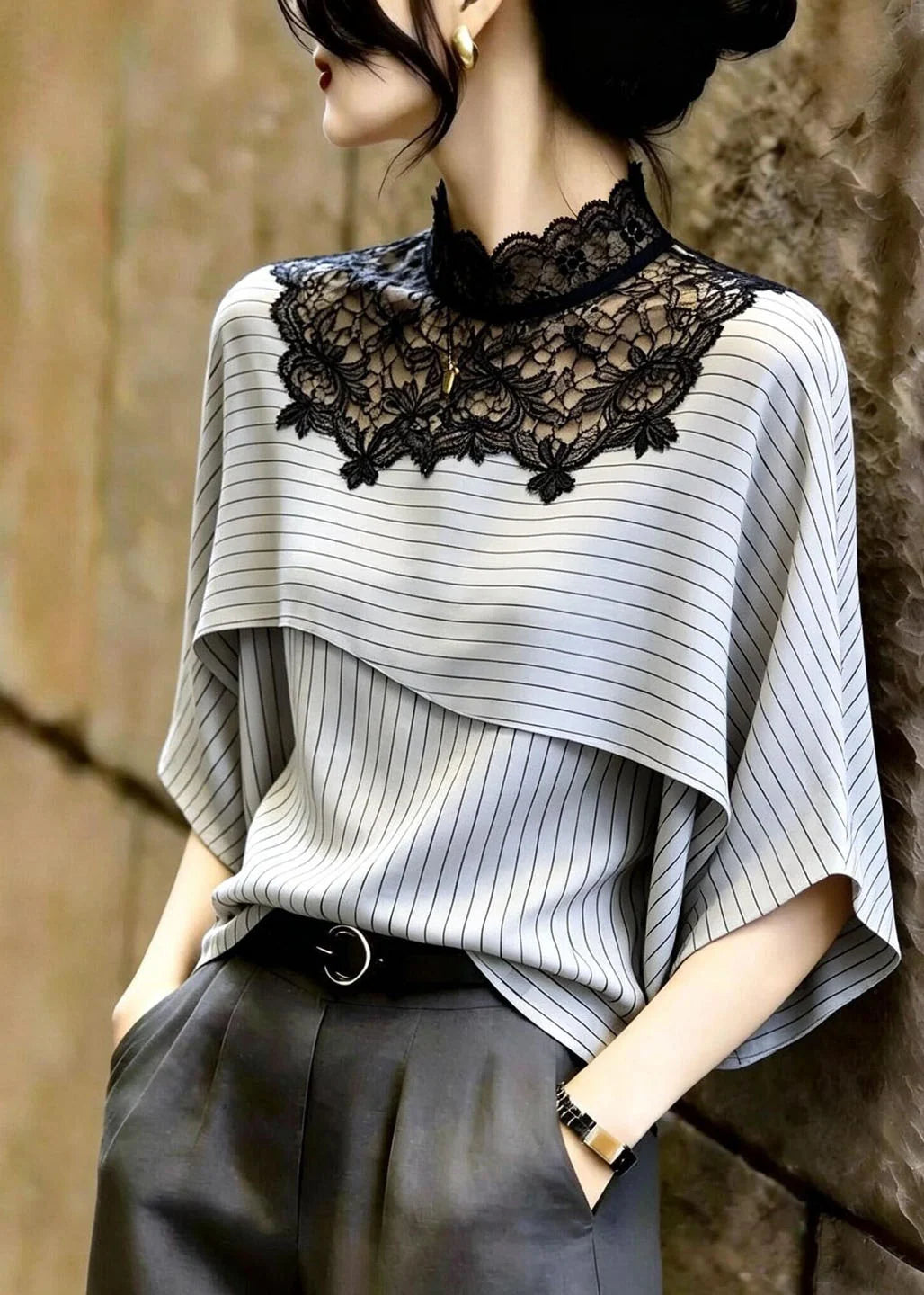 Dames Blouse Patchwork Gestreept Lichtgrijs Zomerstijl 4