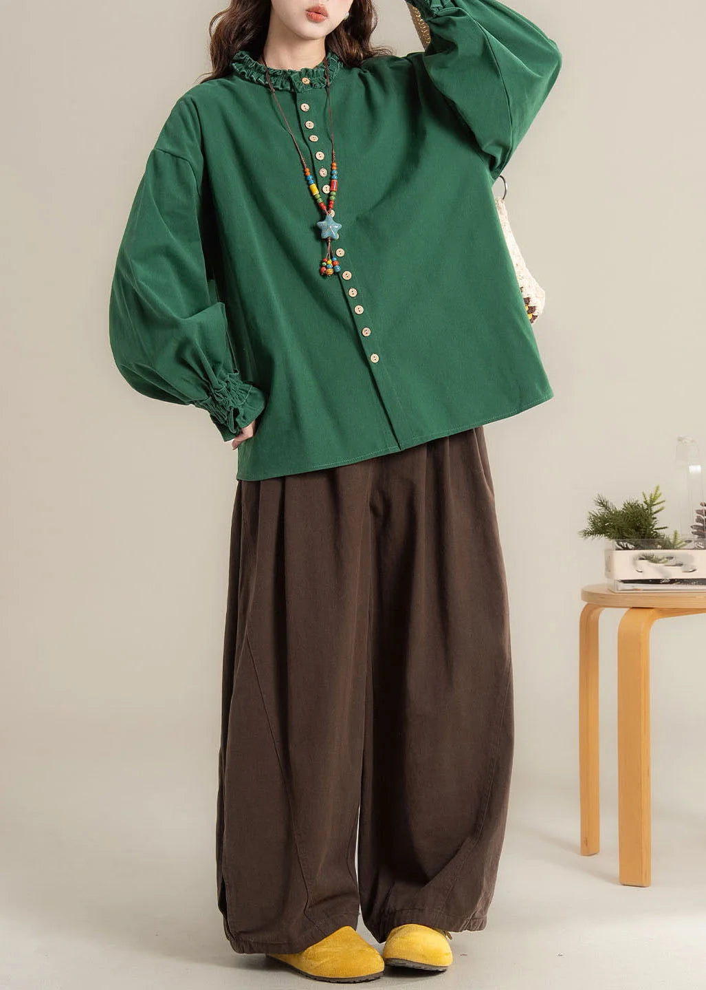 Dames Blouse Ronde Hals Tweedelige Set Met Wijde Pijpen En Lantaarnmouwen 3