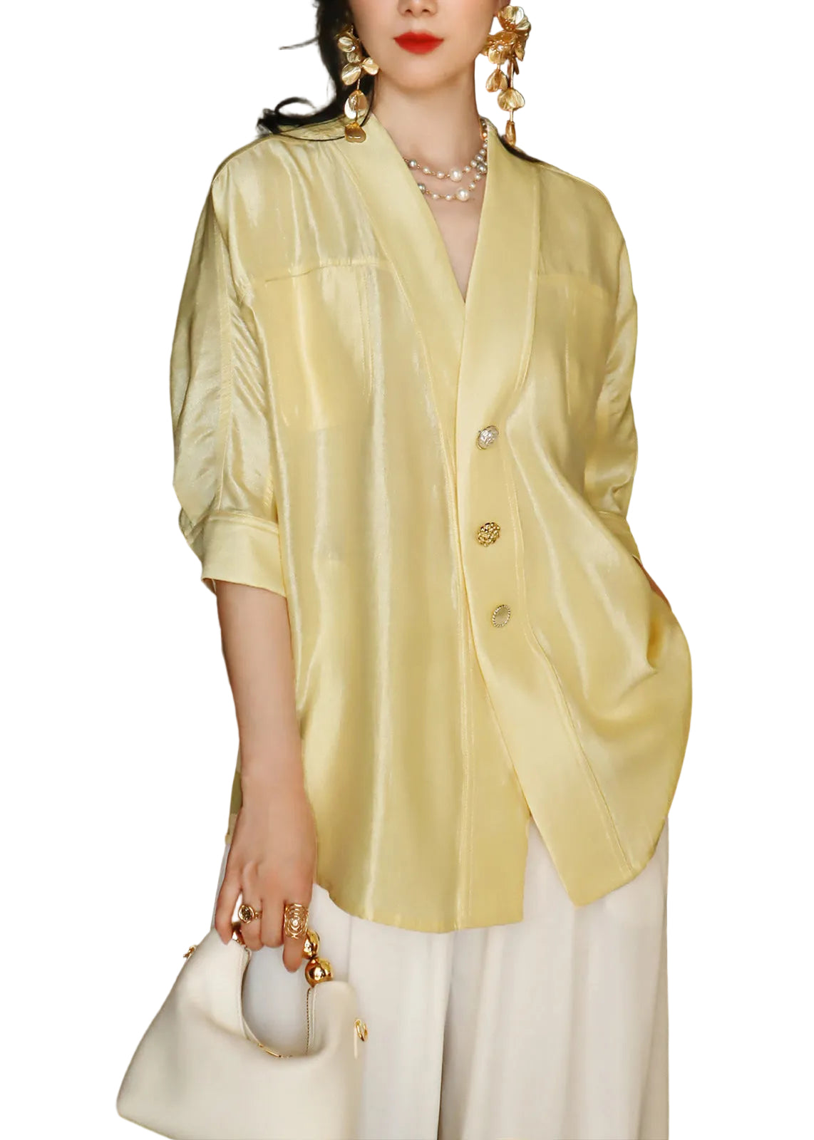 Dames Blouse V-hals met Knoopzakken Zomerstijl 0