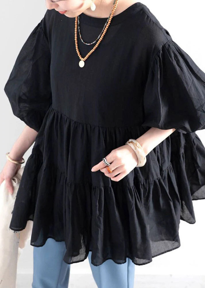 Dames Blouse Zwart met Ronde Hals en Lantaarnmouwen 0