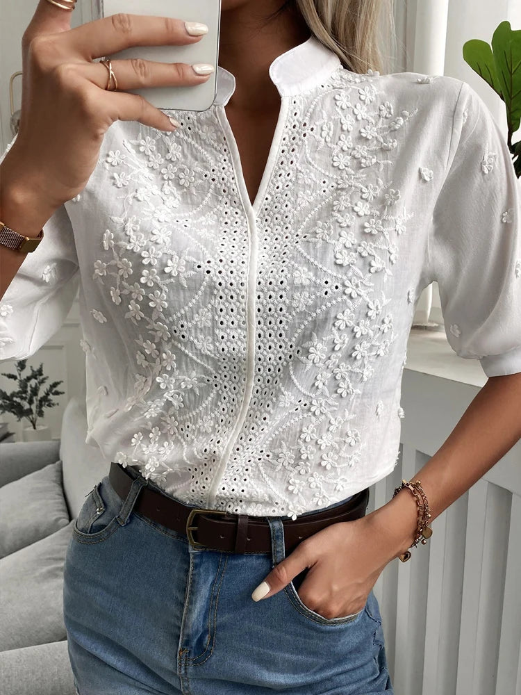 Dames Blouse met Bloemen Borduurwerk en Korte Mouwen 3