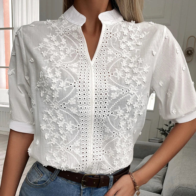 Dames Blouse met Bloemen Borduurwerk en Korte Mouwen 5