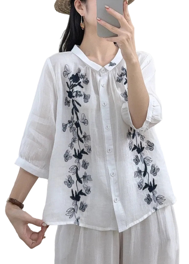 Dames Blouse met Geborduurde Vlinders Losse Pasvorm 0