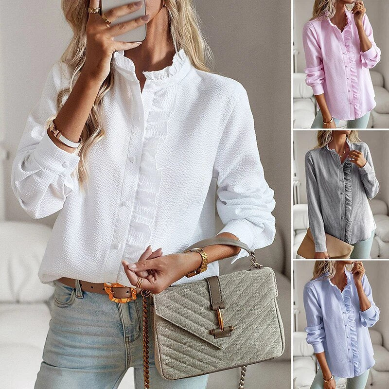 Dames Blouse met Manchetkraag en Lange Mouwen voor Casual en Zakelijke Gelegenheden 8