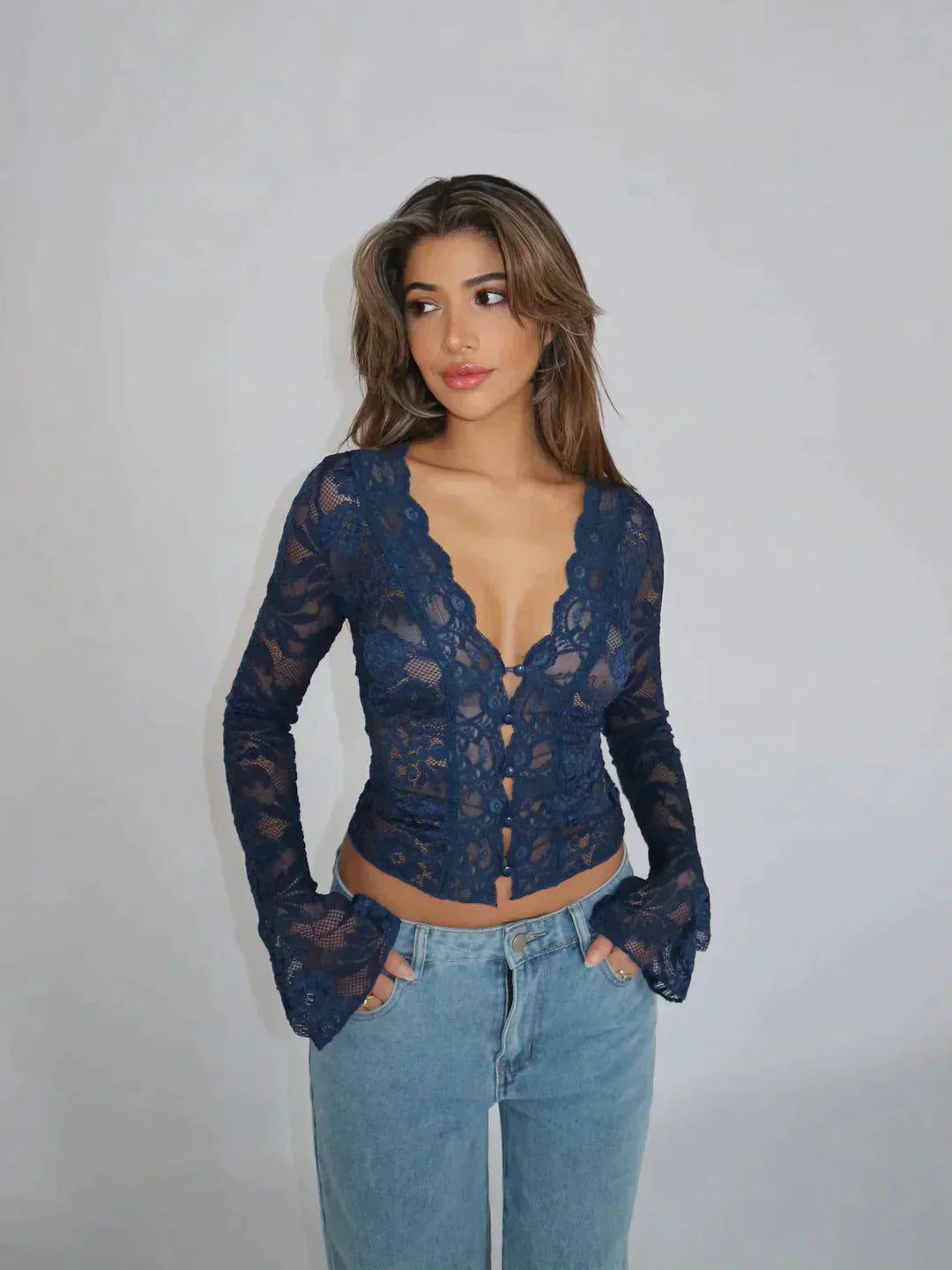 Dames Bodycon-top met Lange Mouwen en Bloemenkant 8