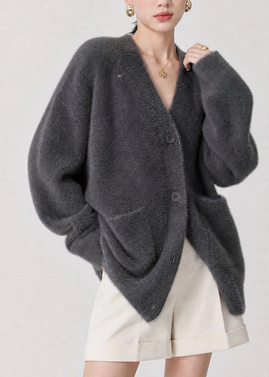 Dames Cardigan Gebreid Casual V-hals Met Knoopzakken 1