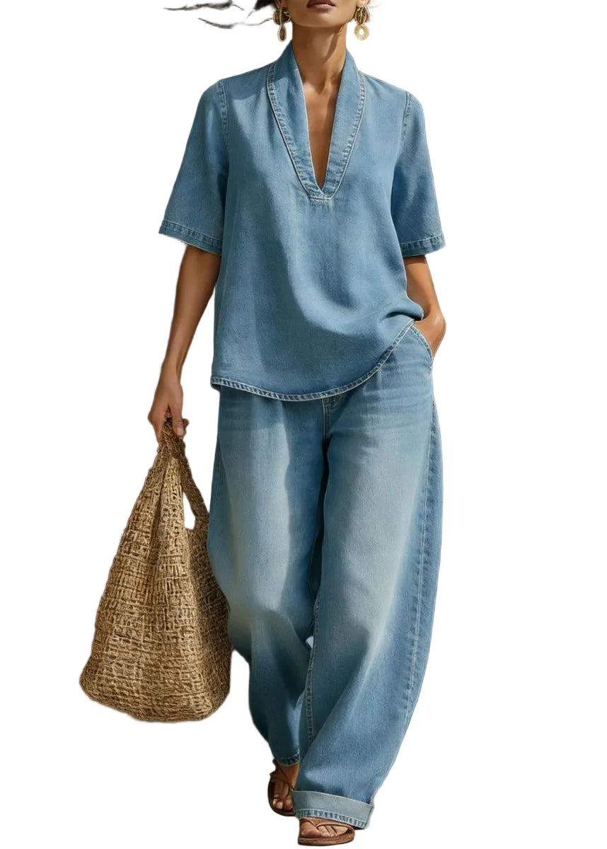 Dames Casual Denim T-shirt en Jeans Set 0