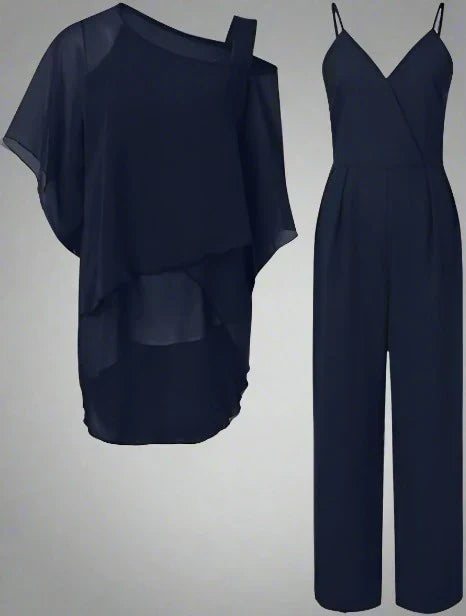 Dames Chiffon Set met Schoudervrije Top en Elegante Broek 1