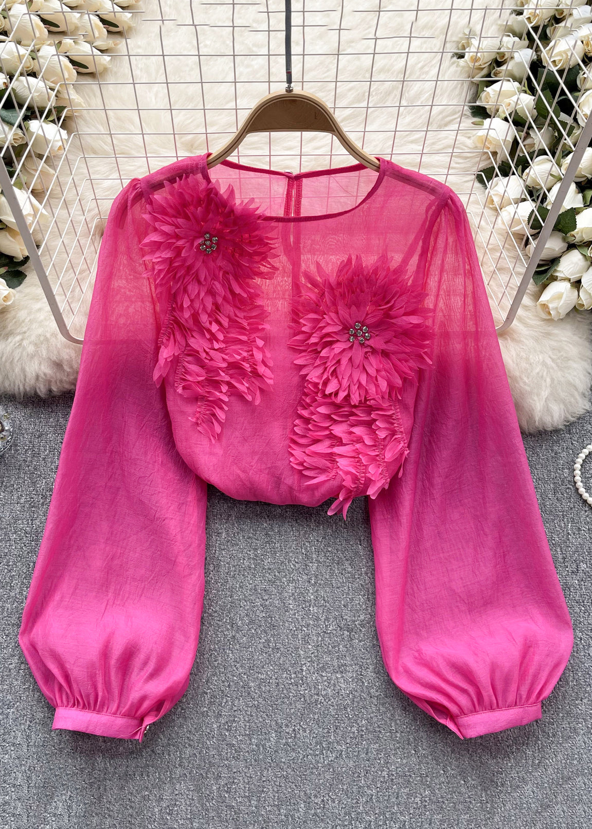 Dames Chiffon Shirt met O-hals en Lange Mouwen 1