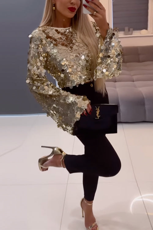 Dames Crop Top met Lange Klokmouwen en Metallic Pailletten 1