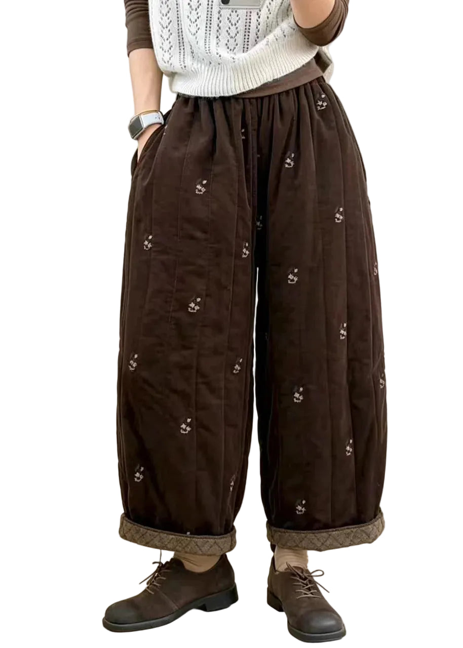 Dames Cropped Broek Geborduurd Met Koffieprint 0