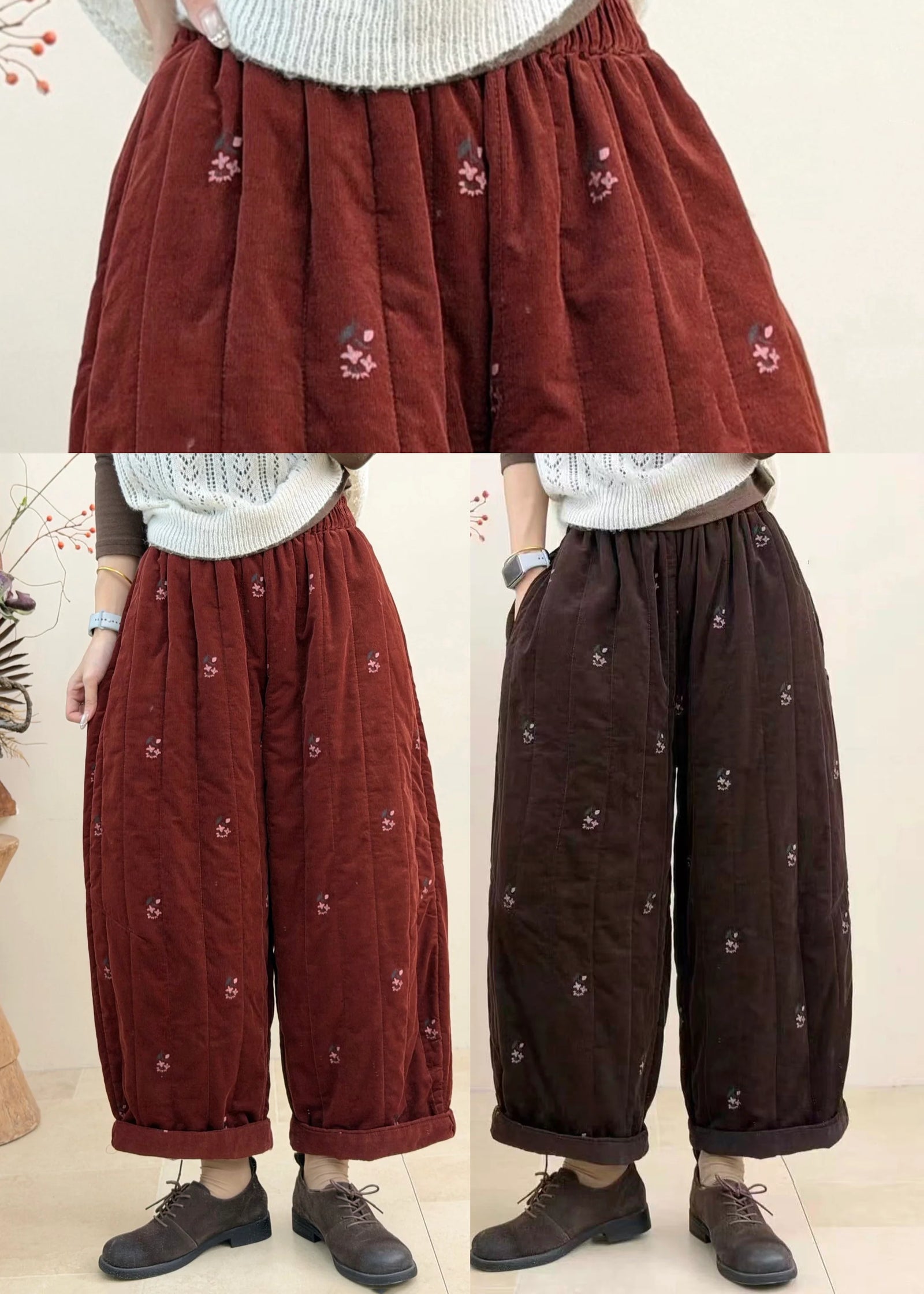 Dames Cropped Broek Geborduurd Met Koffieprint 4