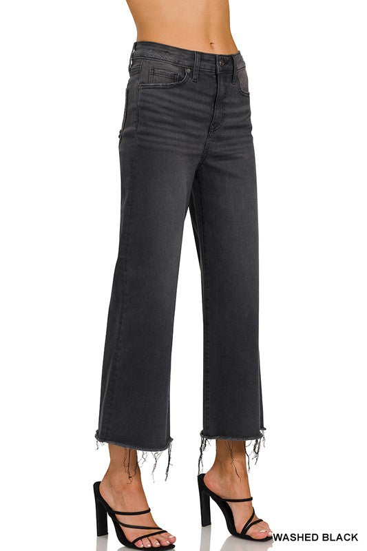 Dames Cropped Jeans Hoge Taille Gewassen Zwart 1