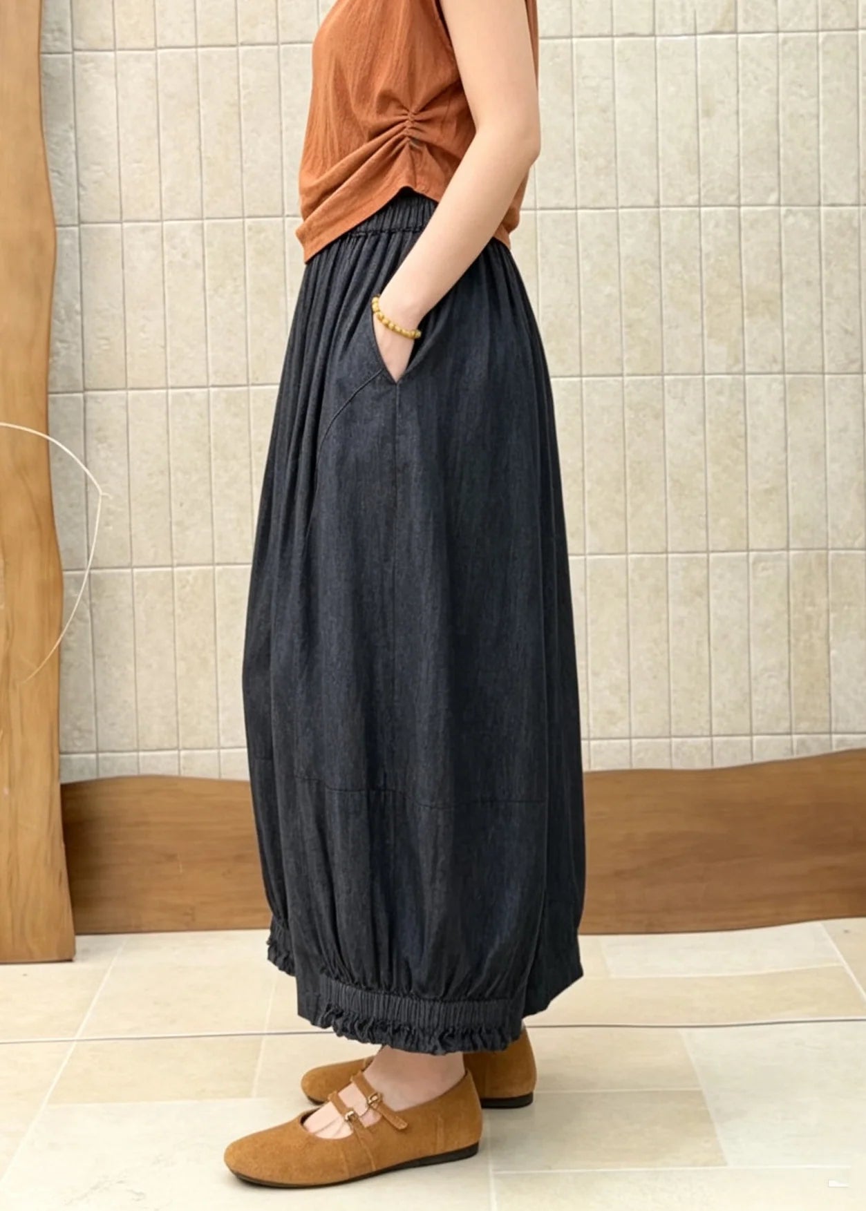 Dames Denim Broek Met Rucheszakken En Patchwork 4