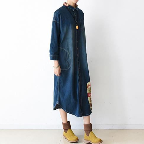 Dames Denim Jurk Lange Patchwork Casual Stijl 1