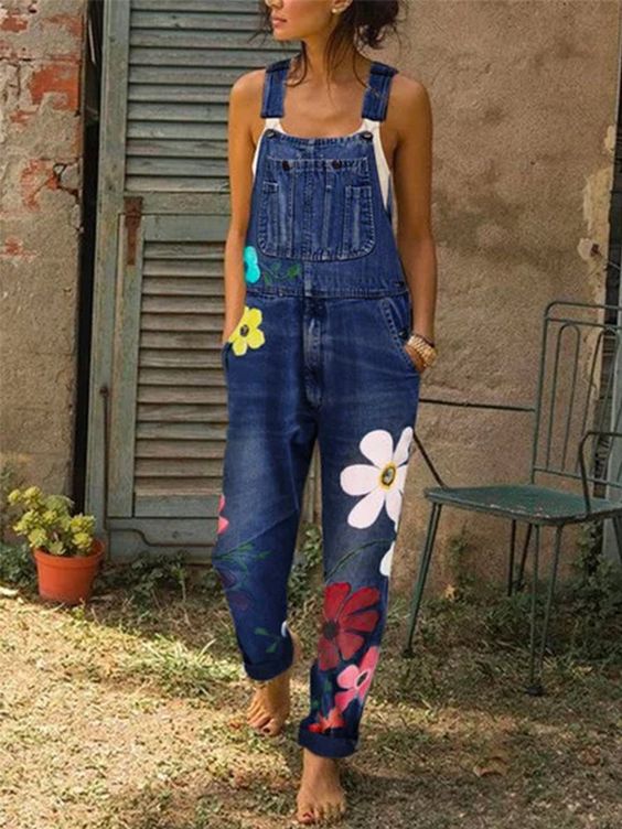Dames Denim Overall Mouwloos met Bloemmotieven 1