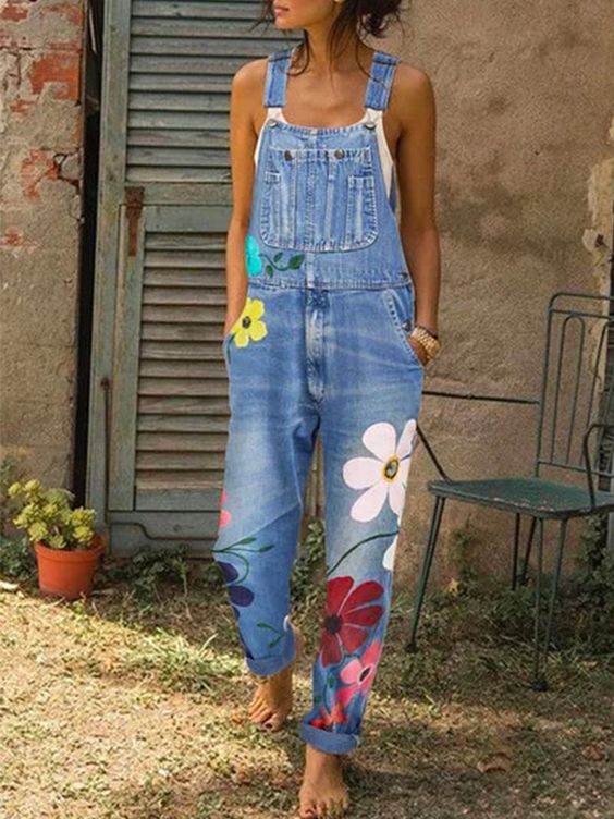 Dames Denim Overall Mouwloos met Bloemmotieven 2