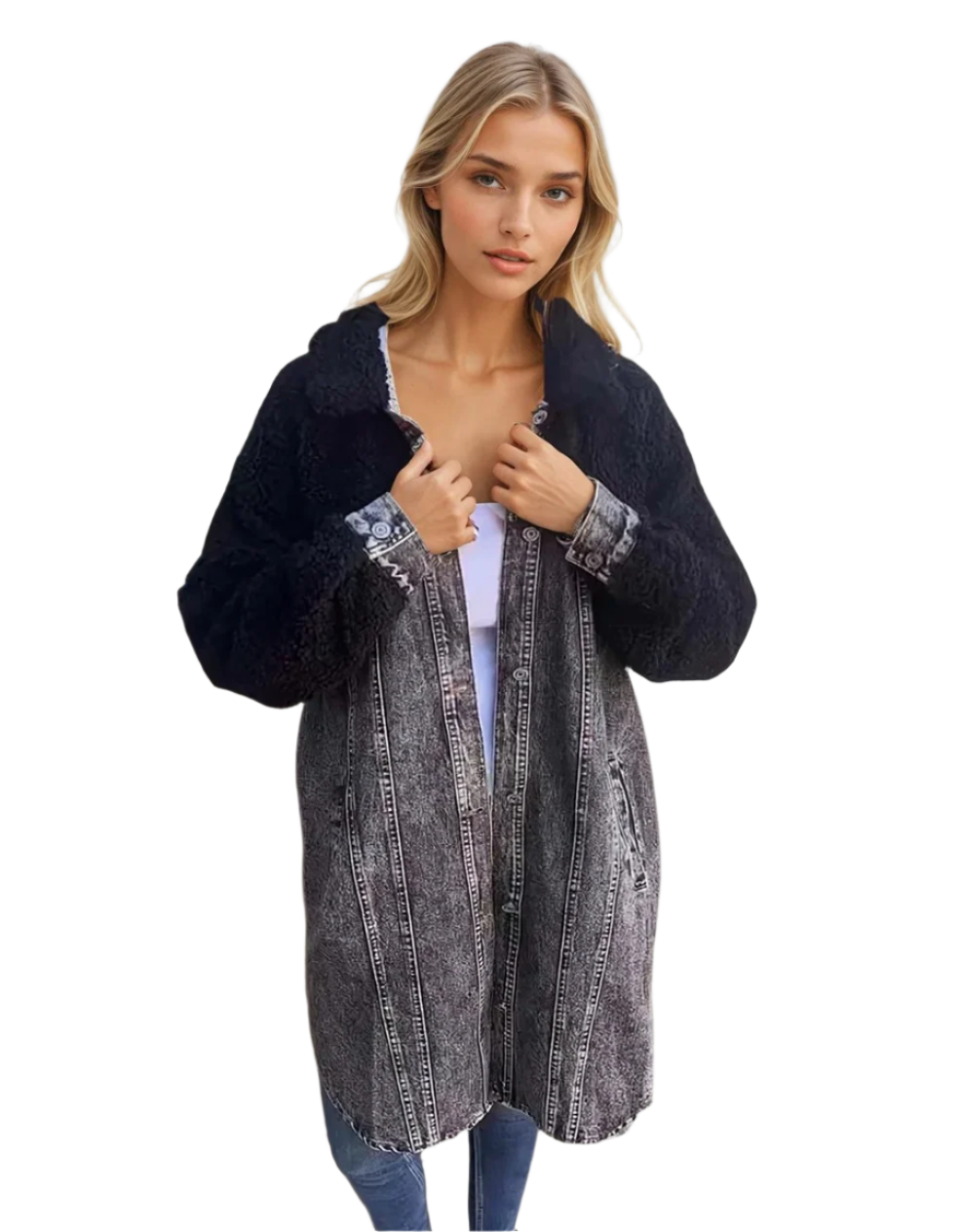 Dames Denim Overjas met Wolaccenten 0