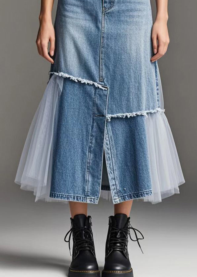 Dames Denimrok met Tule Patchwork en Zij-openingen 4