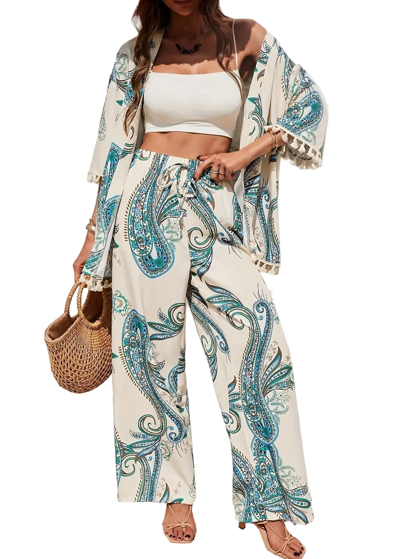 Dames Driedelige Set met Paisleyprint en Kimono 0