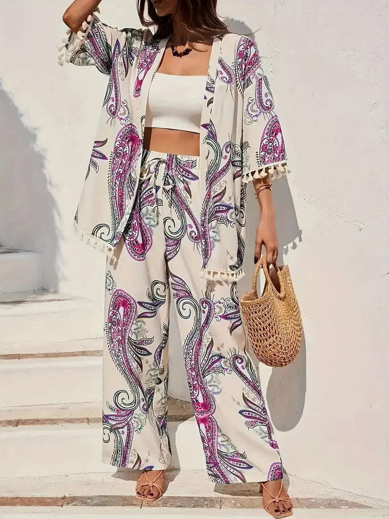 Dames Driedelige Set met Paisleyprint en Kimono 4