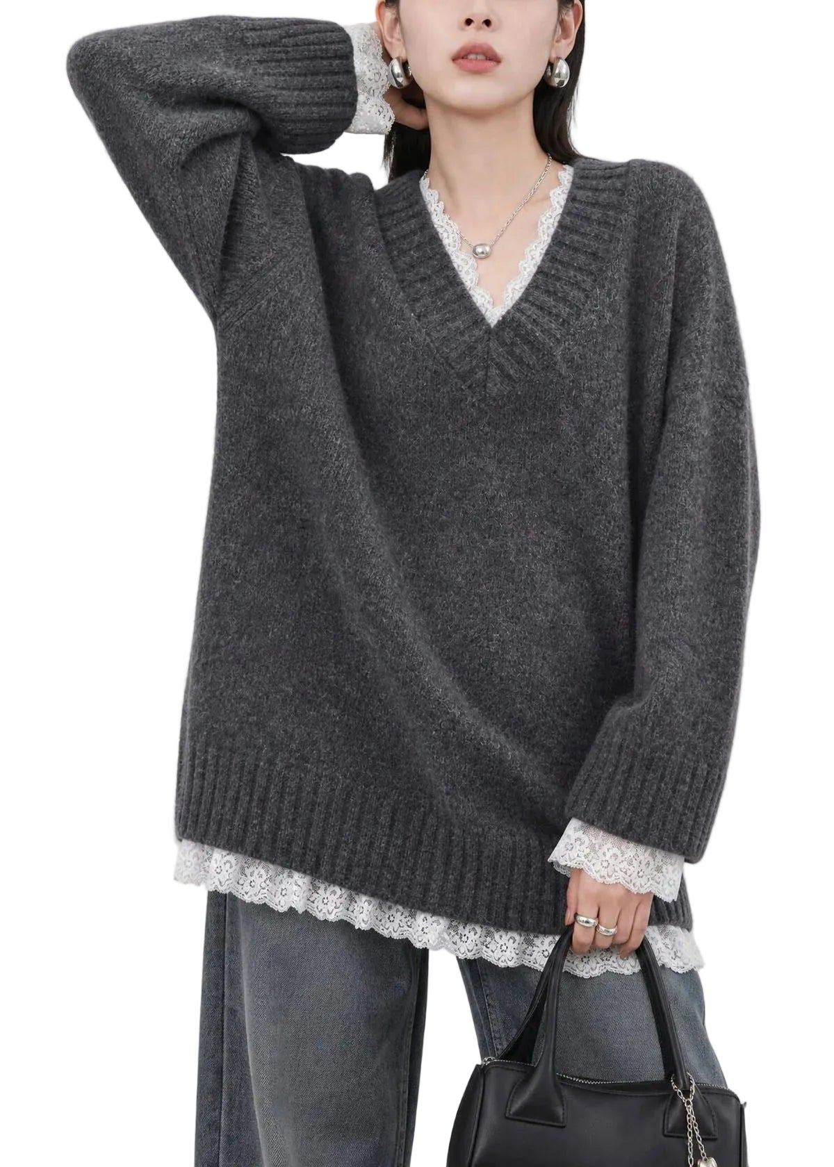 Dames Gebreide Trui V-hals Patchwork Stijl 0