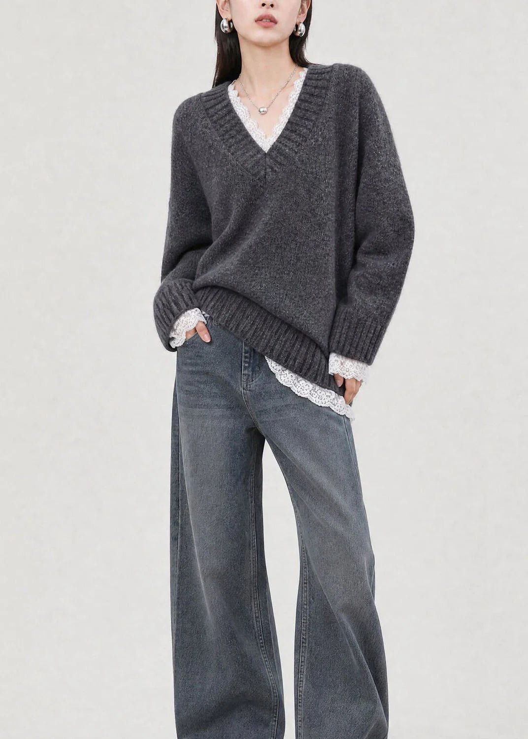 Dames Gebreide Trui V-hals Patchwork Stijl 3