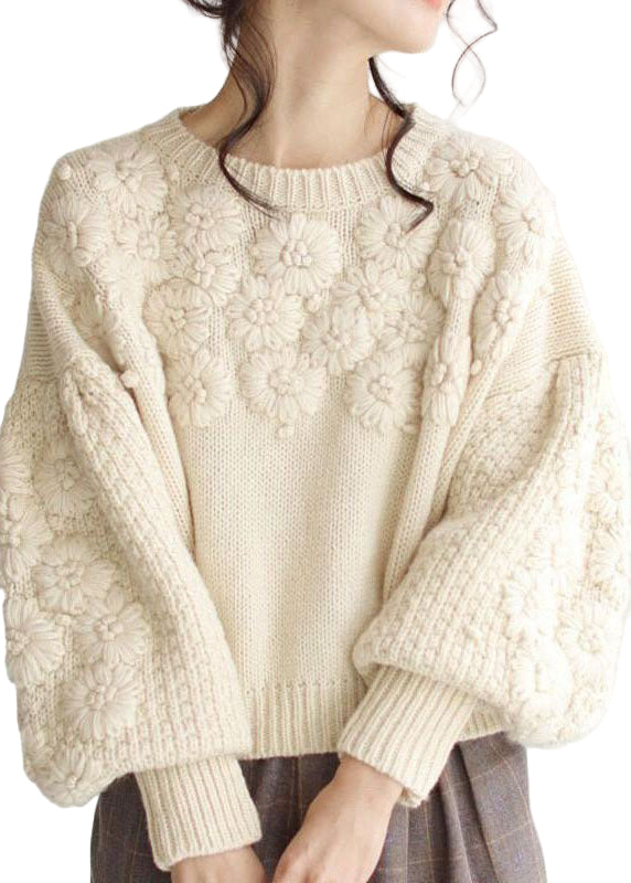 Dames Gebreide Trui met Borduursel in Beige 0