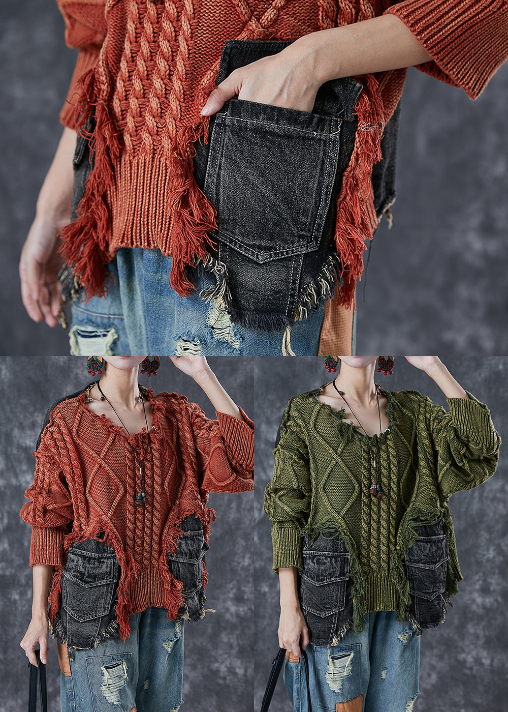 Dames Gebreide Truien Asymmetrisch in Groen Patchwork Denim 4