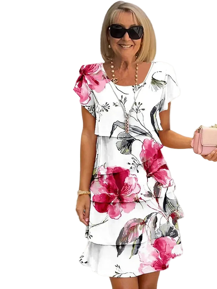 Dames Geplooide Jurk met Bloemenprint en Ruches 0