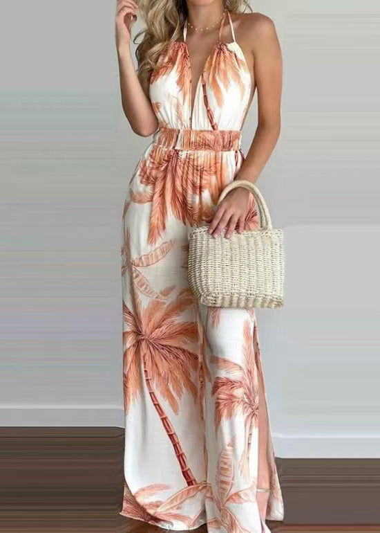Dames Halter Jumpsuit Met Elastische Taille En Rugloze Print 2