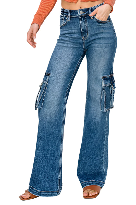 Dames Hoge Taille Cargo Jeans met Zakken 0